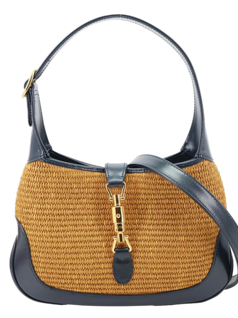 Gucci Jackie 1961 Small Raffia Straw Lux Shoulder Bag Navy Blue 636706